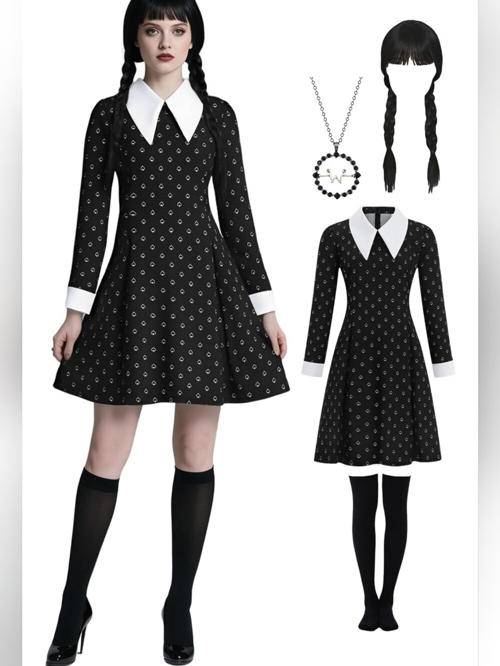 Wednesday Addams Gothic Black Collar Long-Sleeve Dress Costume Halloween XXL